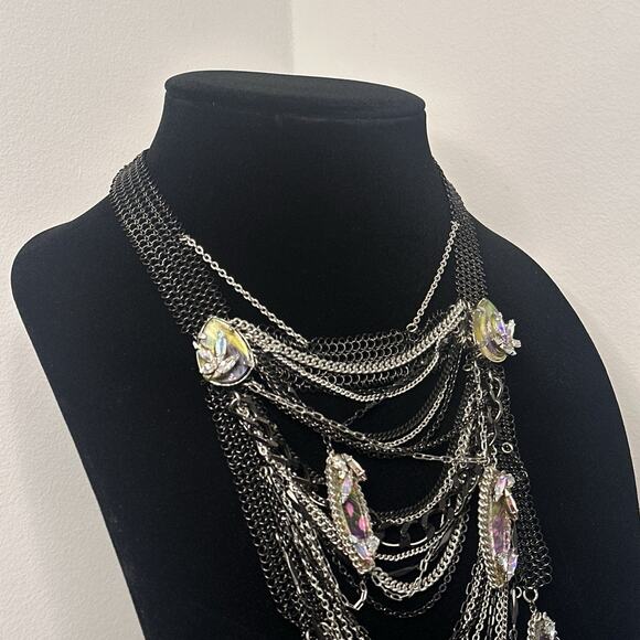 Erickson Beamon Statement Bib Necklace Gunmetal Multi Chain Crystal Waterfall - Picture 9 of 11